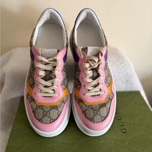 Gucci Beige and Pink Logo Sneakers